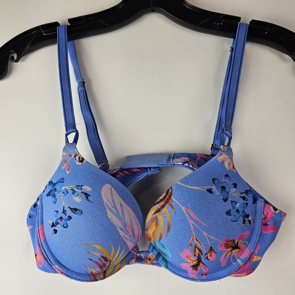 Soma Womens 34A Embraceable Push Up Bra Blue Pink Floral Lace Padded UW Romantic